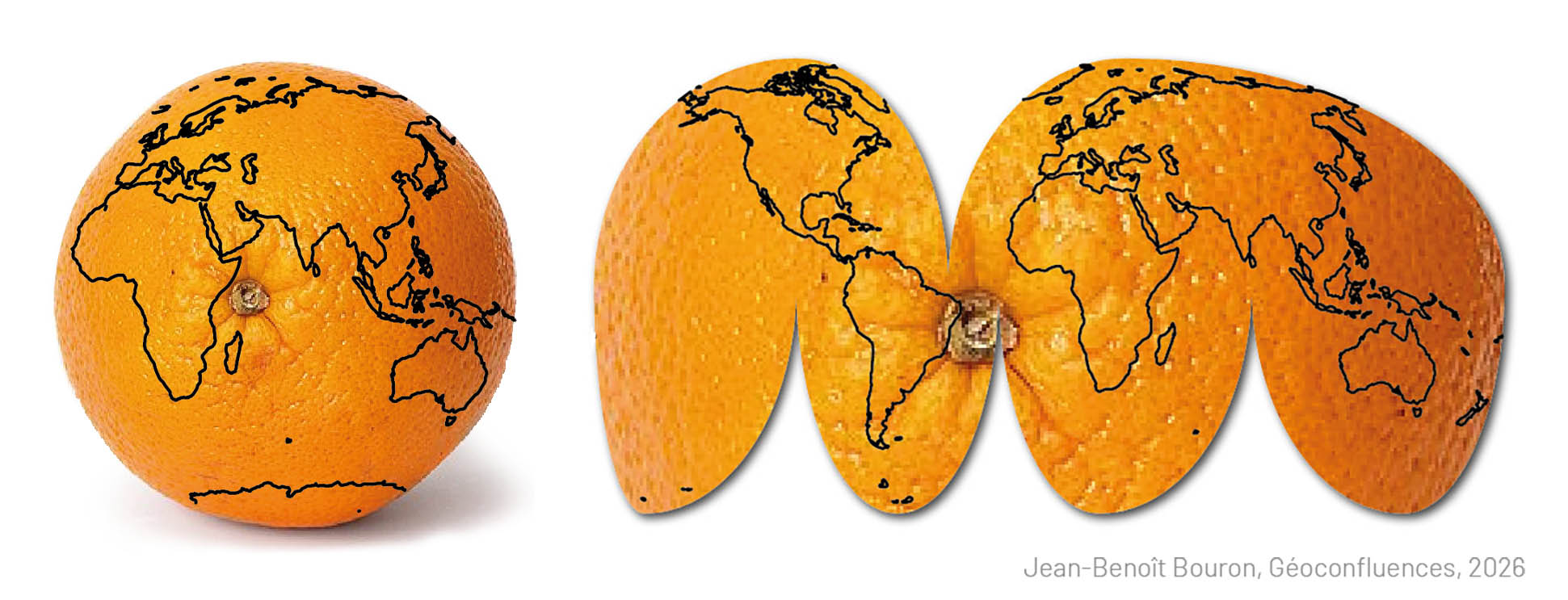 La Terre représentée comme la peau d’une mandarine pelée et mise à plat, illustrant l’impossibilité de cartographier une sphère sans déchirure