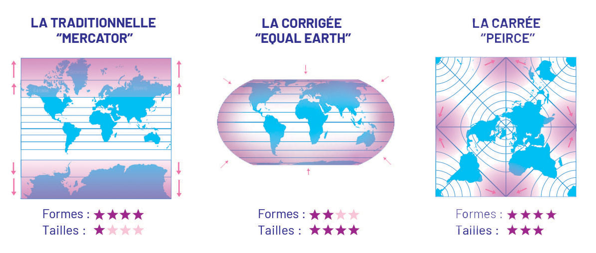 Comparaison des déformations entre les projections Mercator, Equal Earth et Peirce