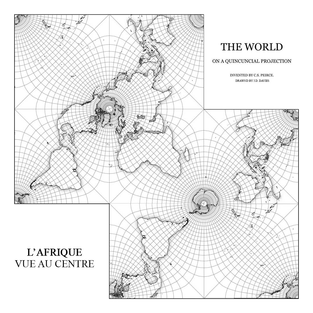 Planisphère carré — projection quinconciale de Peirce, recentrée sur l'Afrique (J.D. Davies)