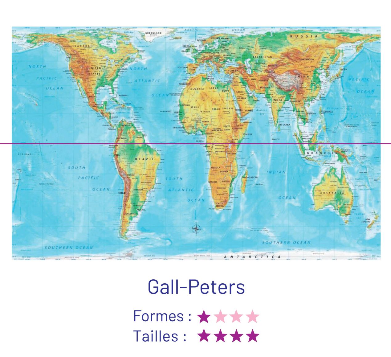 Projection Gall-Peters. Formes : 1/4. Tailles : 4/4.