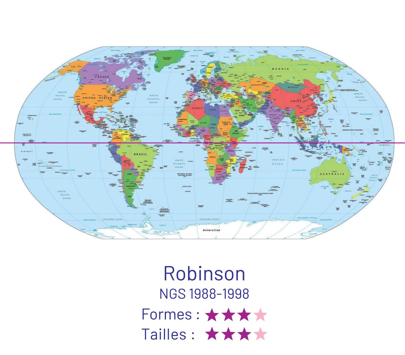 Projection de Robinson (NGS 1988-1998). Formes : 3/4. Tailles : 3/4.