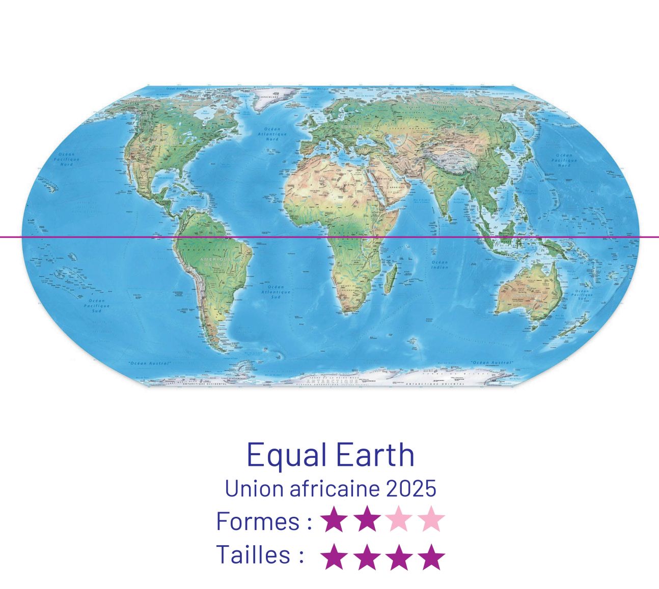 Projection Equal Earth (Union africaine, 2025). Formes : 2/4. Tailles : 4/4.
