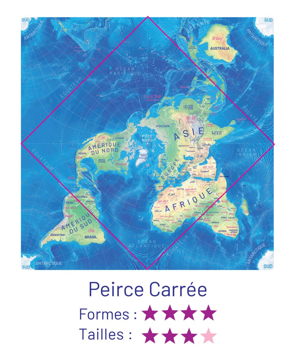 Projection quinconciale de Peirce (1877). Formes : 4/4. Tailles : 3/4.