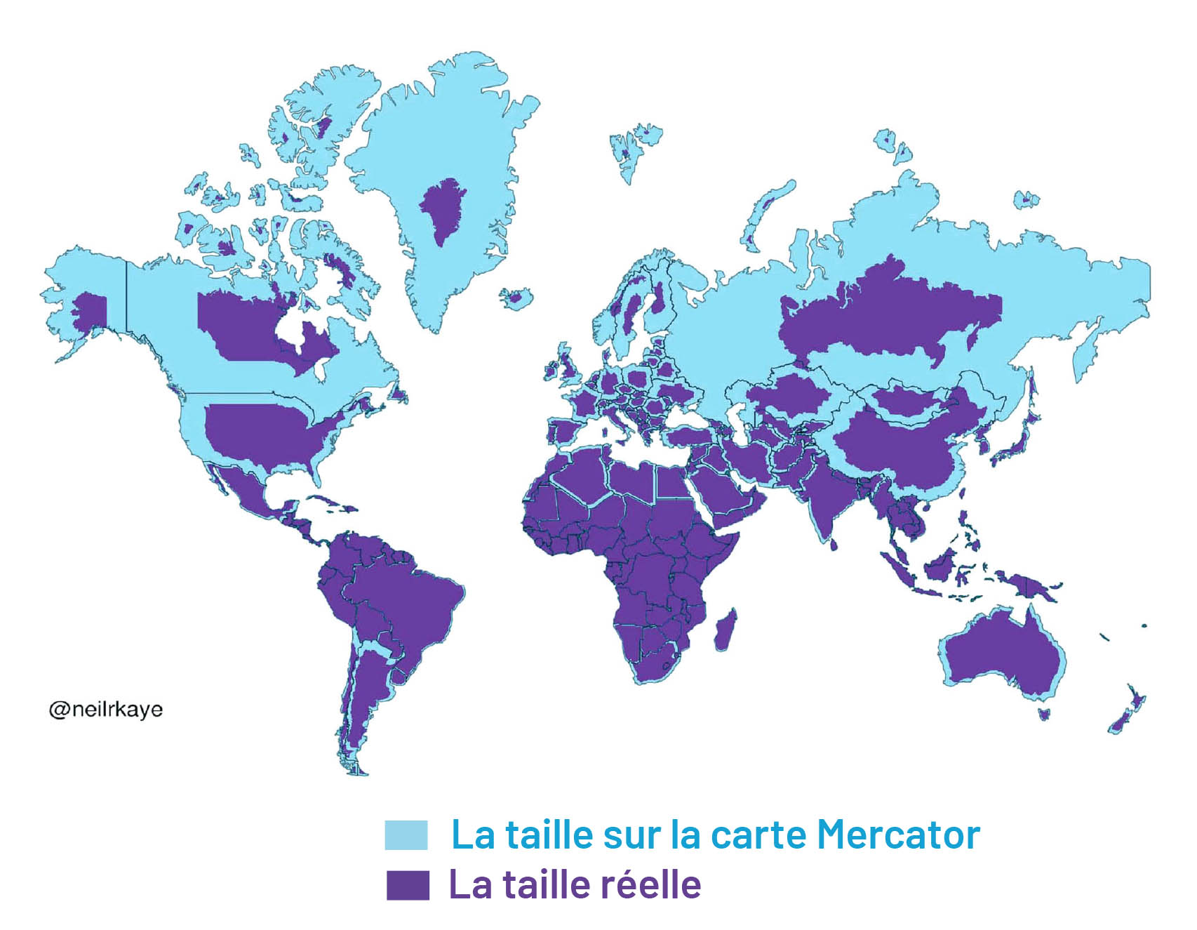 Comparaison des tailles réelles des pays entre la projection Mercator et la projection Peirce